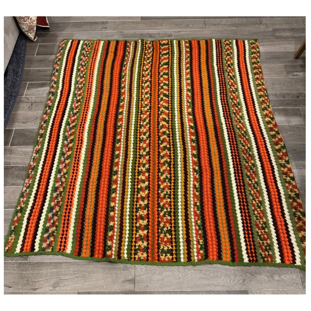Vintage 70s Handmade Crochet Afghan Blanket Orange Green Brown 74x69 Retro Fall